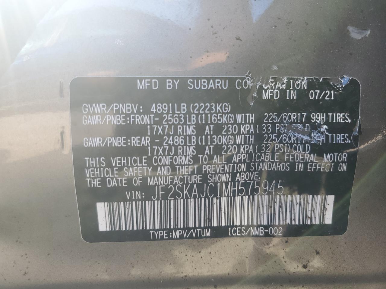2021 Subaru Forester Premium VIN: JF2SKAJC1MH575945 Lot: 69234015