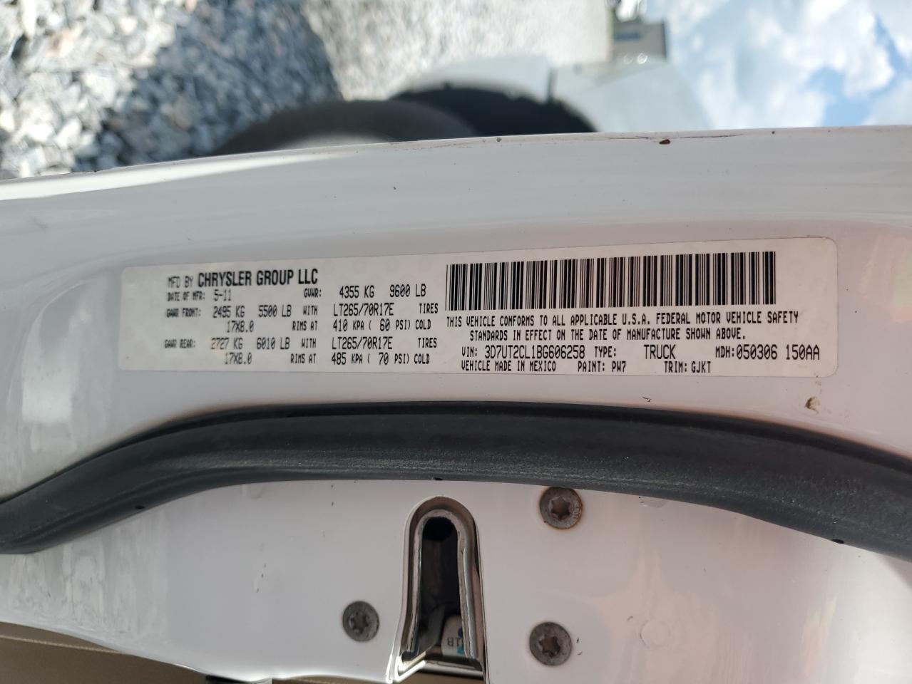 2011 Dodge Ram 2500 VIN: 3D7UT2CL1BG606258 Lot: 68689305