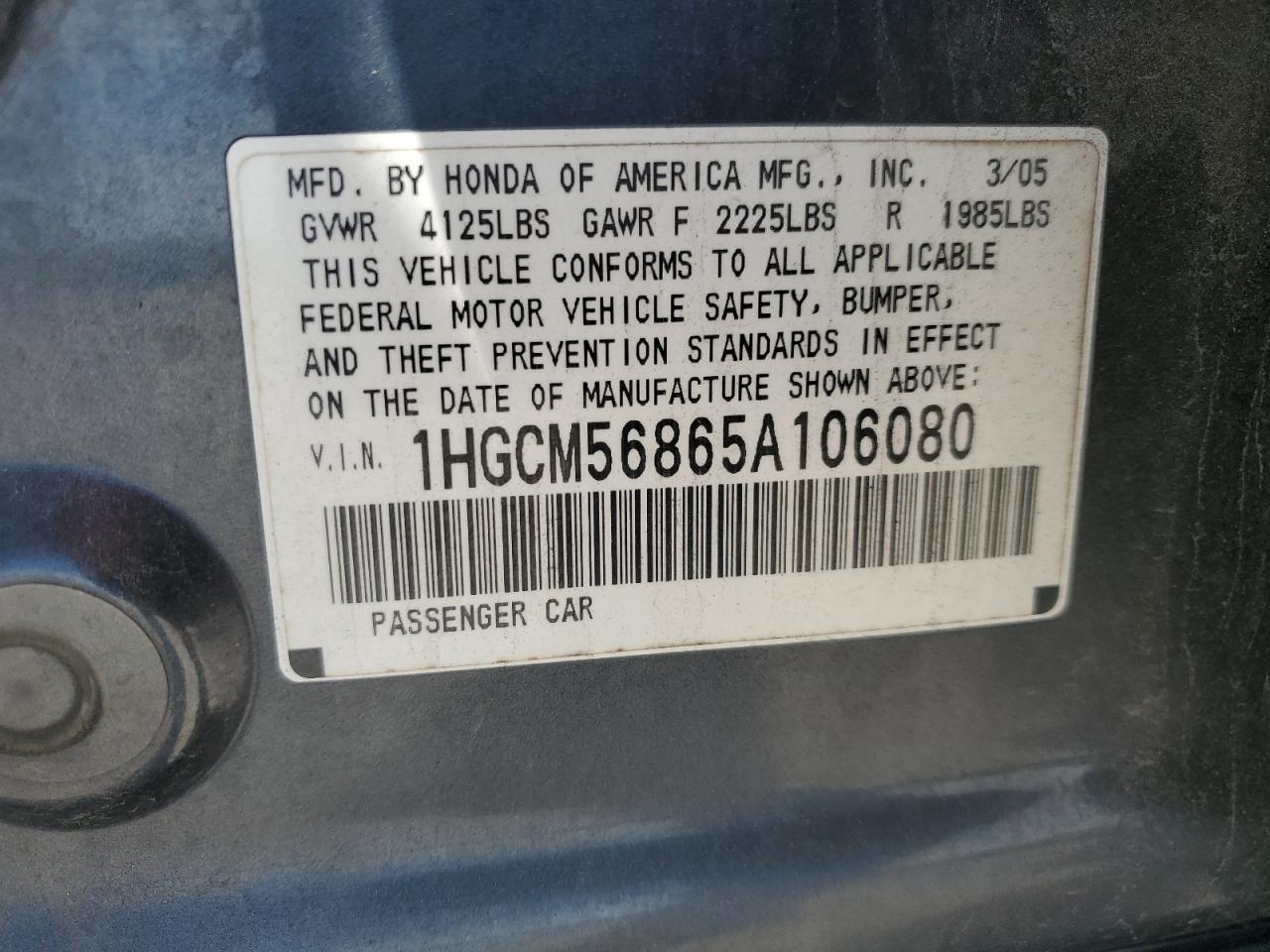 2005 Honda Accord Ex VIN: 1HGCM56865A106080 Lot: 70925465