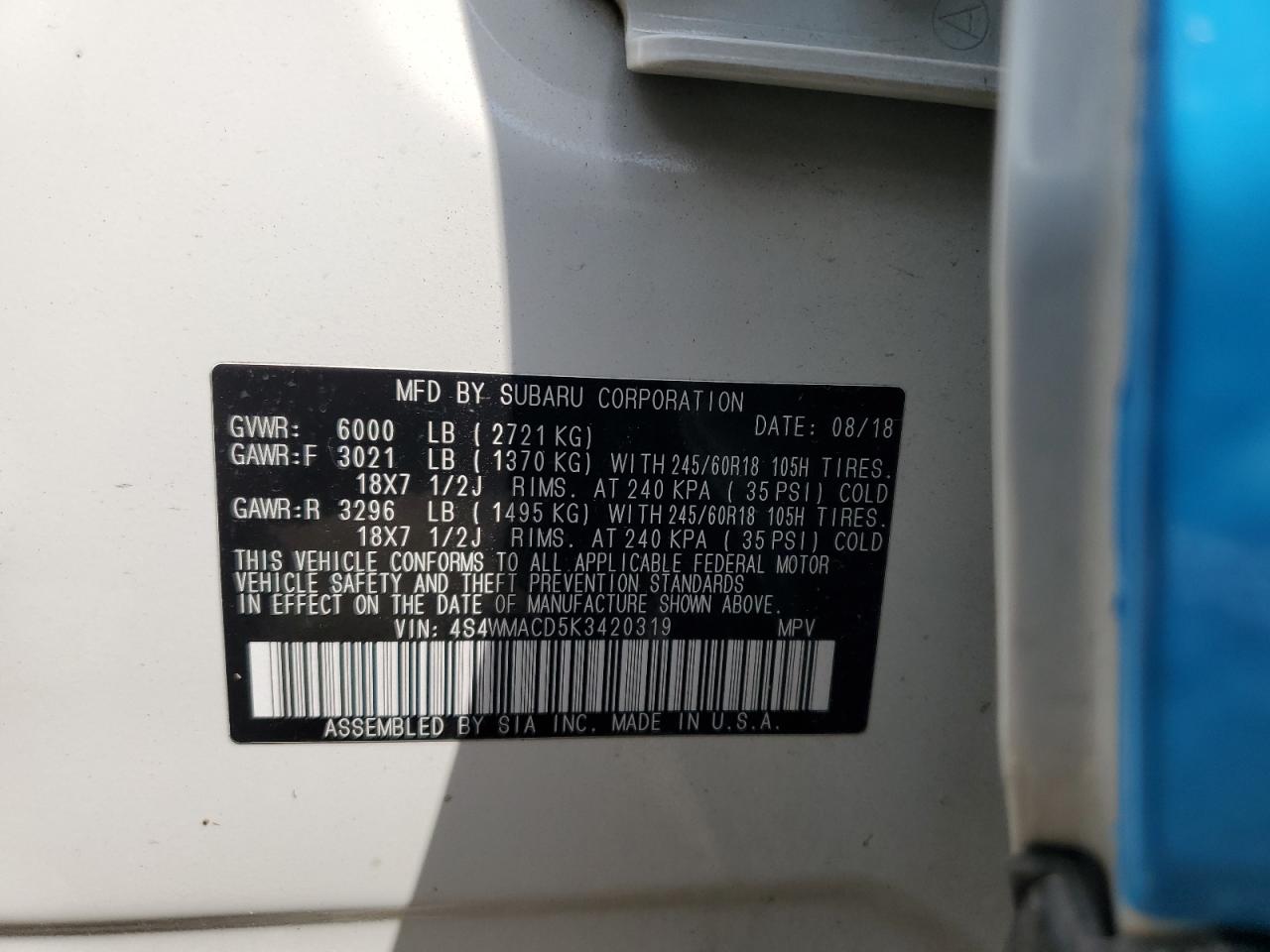 2019 Subaru Ascent Premium VIN: 4S4WMACD5K3420319 Lot: 70769495