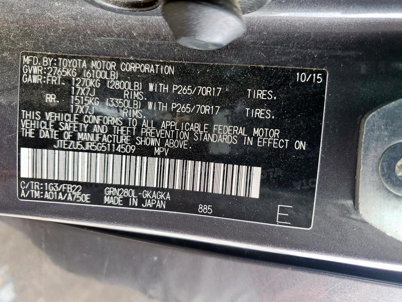 2016 Toyota 4Runner Sr5 VIN: JTEZU5JR5G5114509 Lot: 70665245