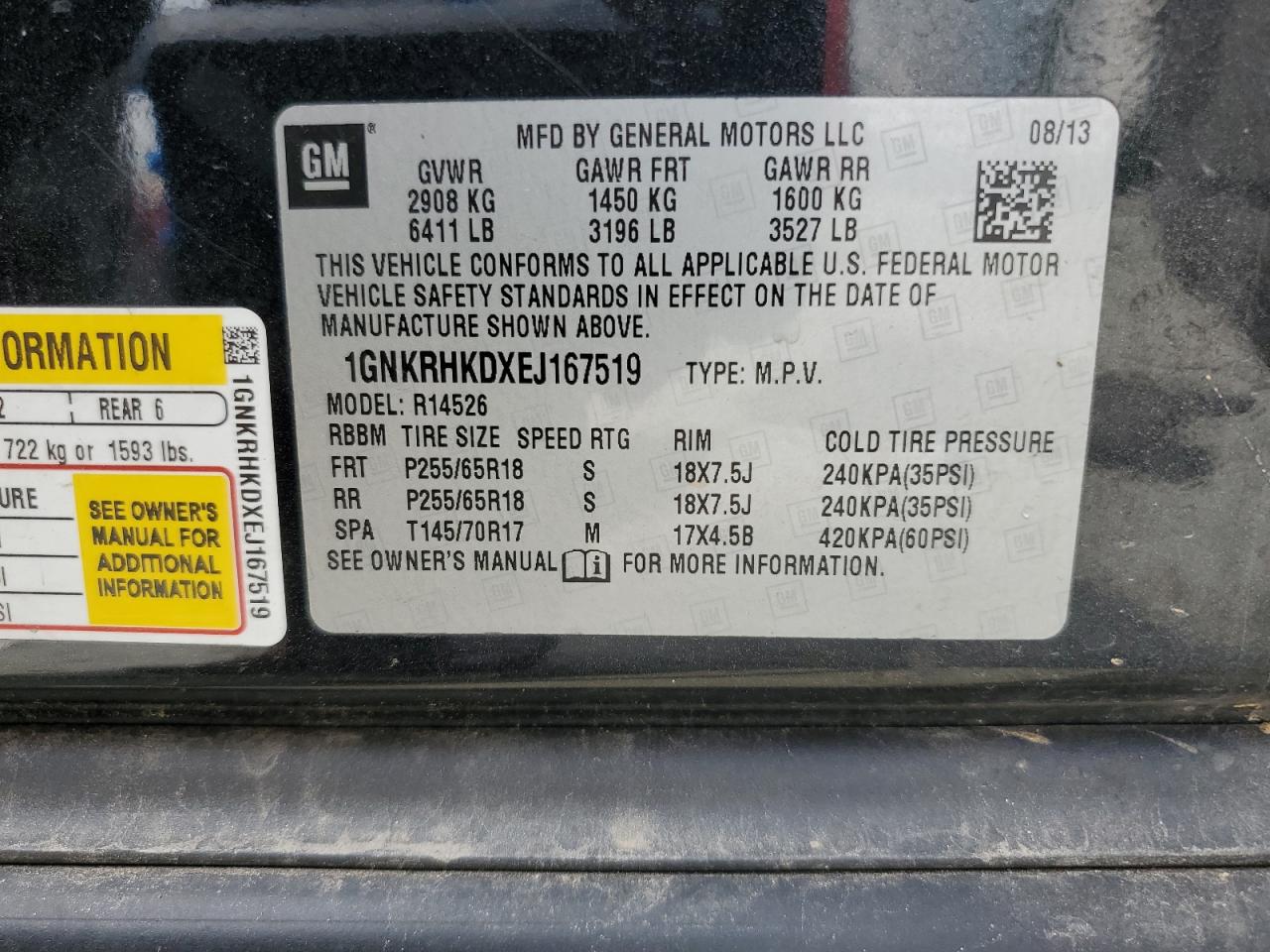 2014 Chevrolet Traverse Lt VIN: 1GNKRHKDXEJ167519 Lot: 70814865