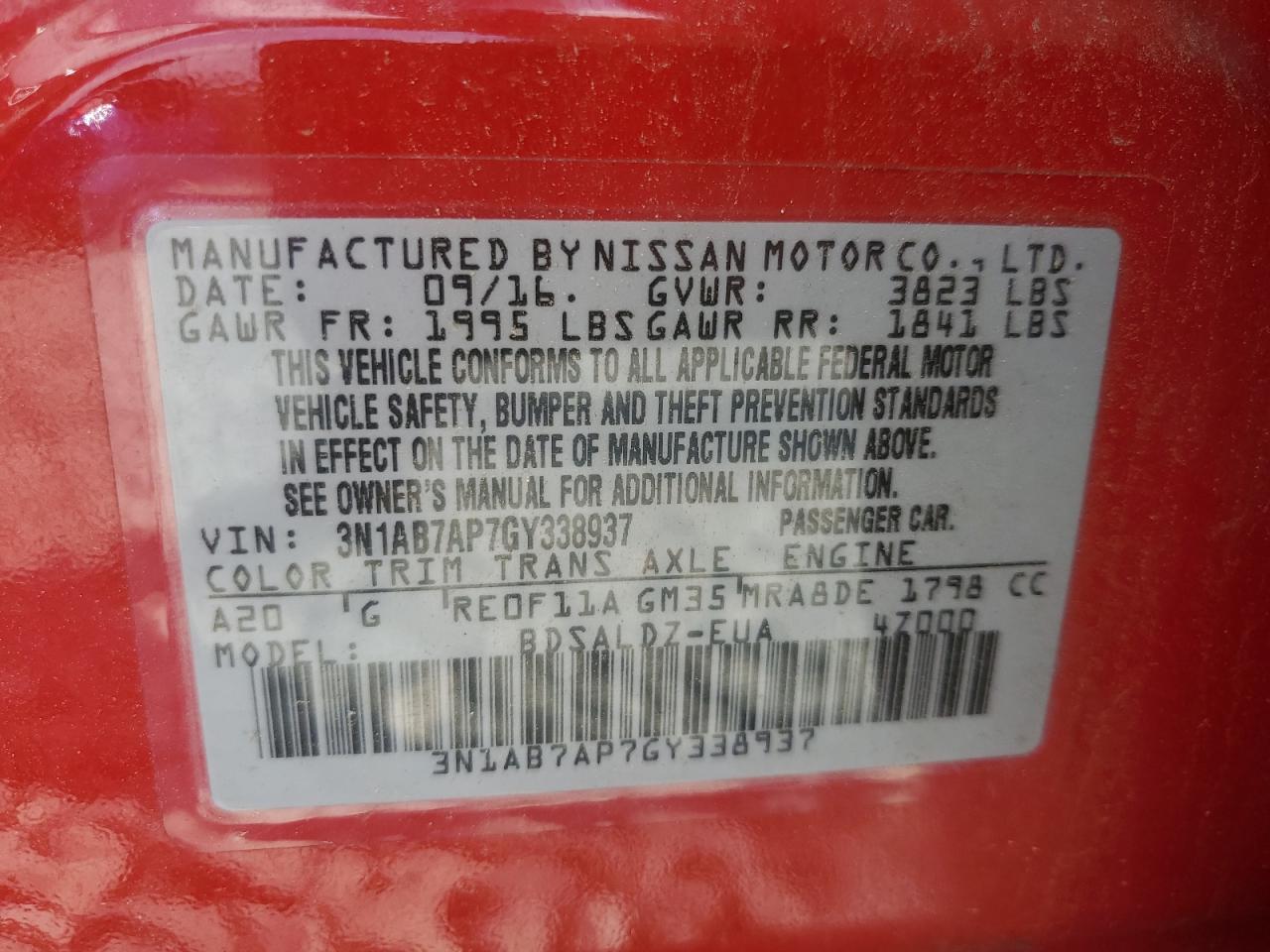 2016 Nissan Sentra S VIN: 3N1AB7AP7GY338937 Lot: 68446905