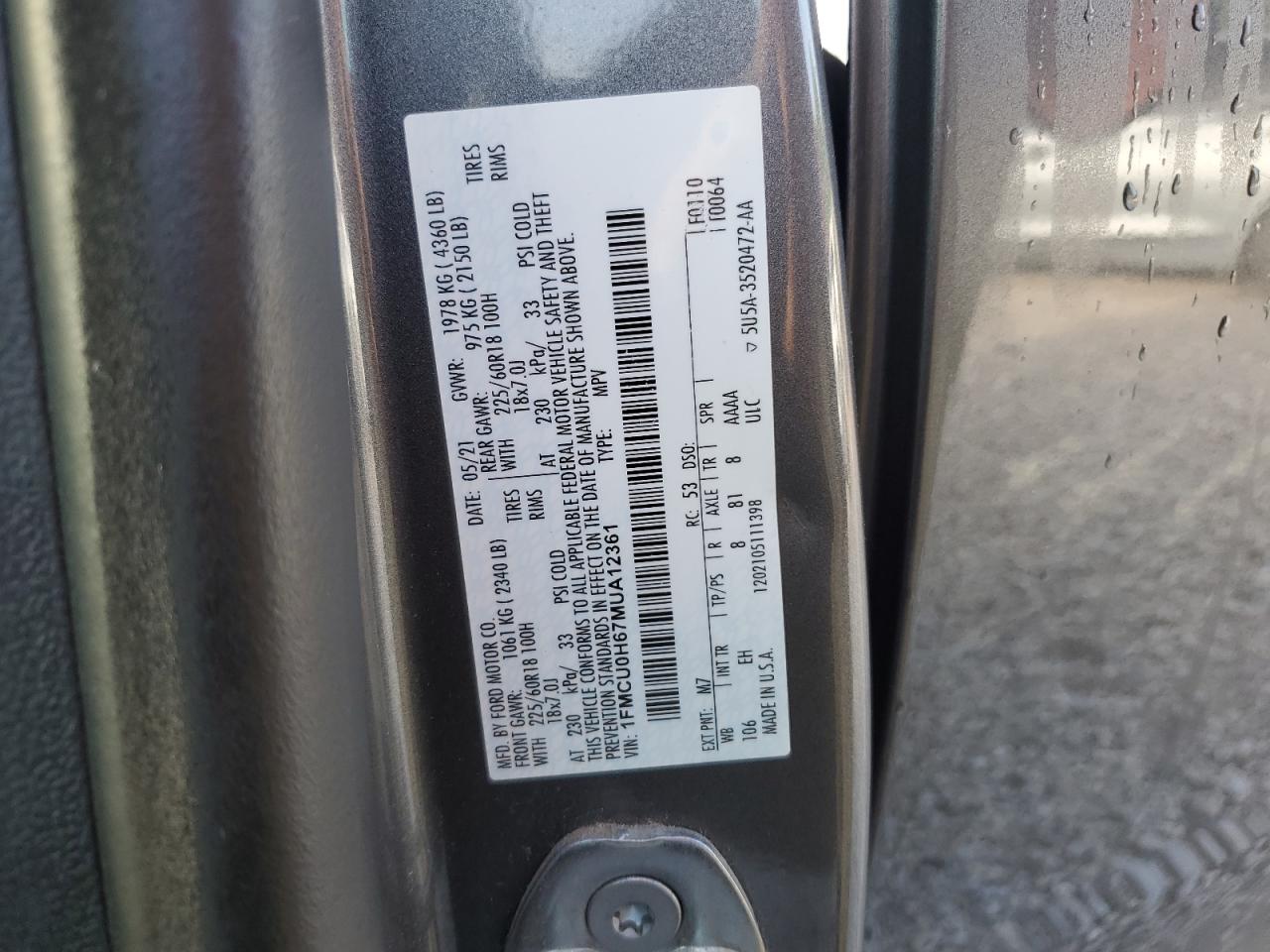 2021 Ford Escape Sel VIN: 1FMCU0H67MUA12361 Lot: 68482015