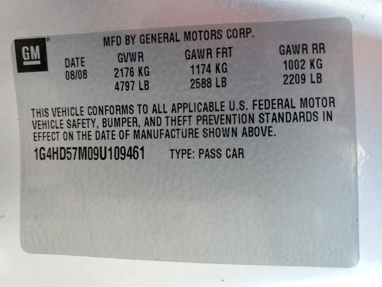 2009 Buick Lucerne Cxl VIN: 1G4HD57M09U109461 Lot: 68510755