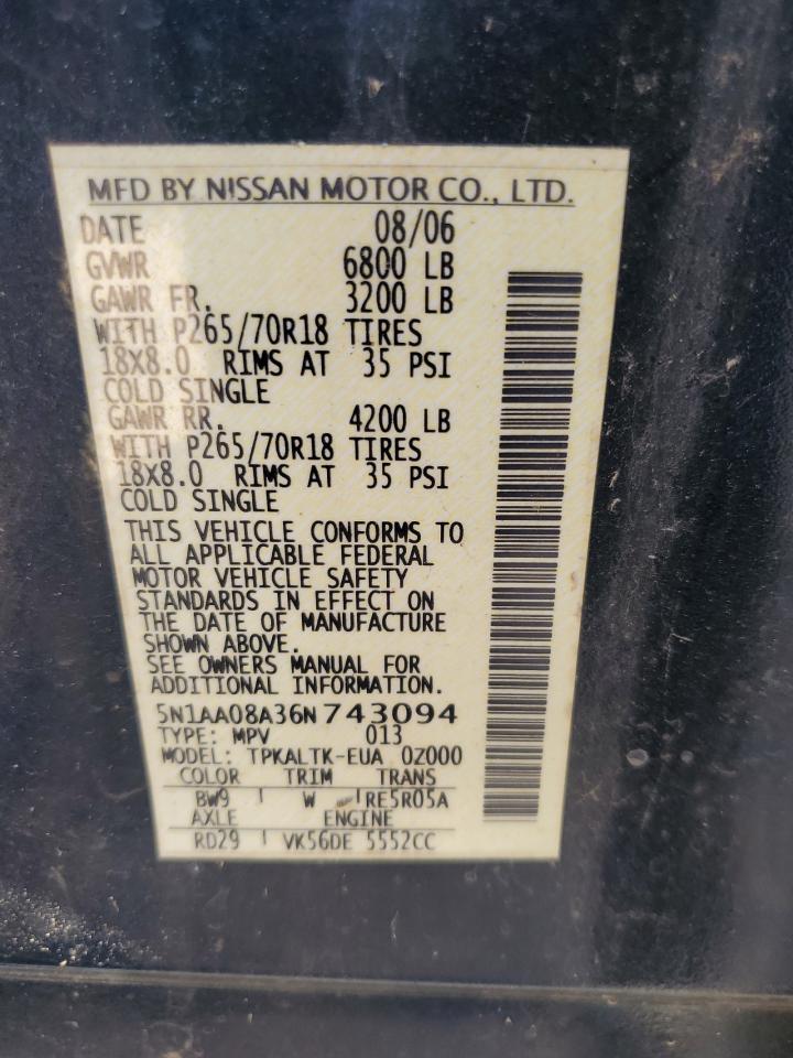 2006 Nissan Armada Se VIN: 5N1AA08A36N743094 Lot: 67192375