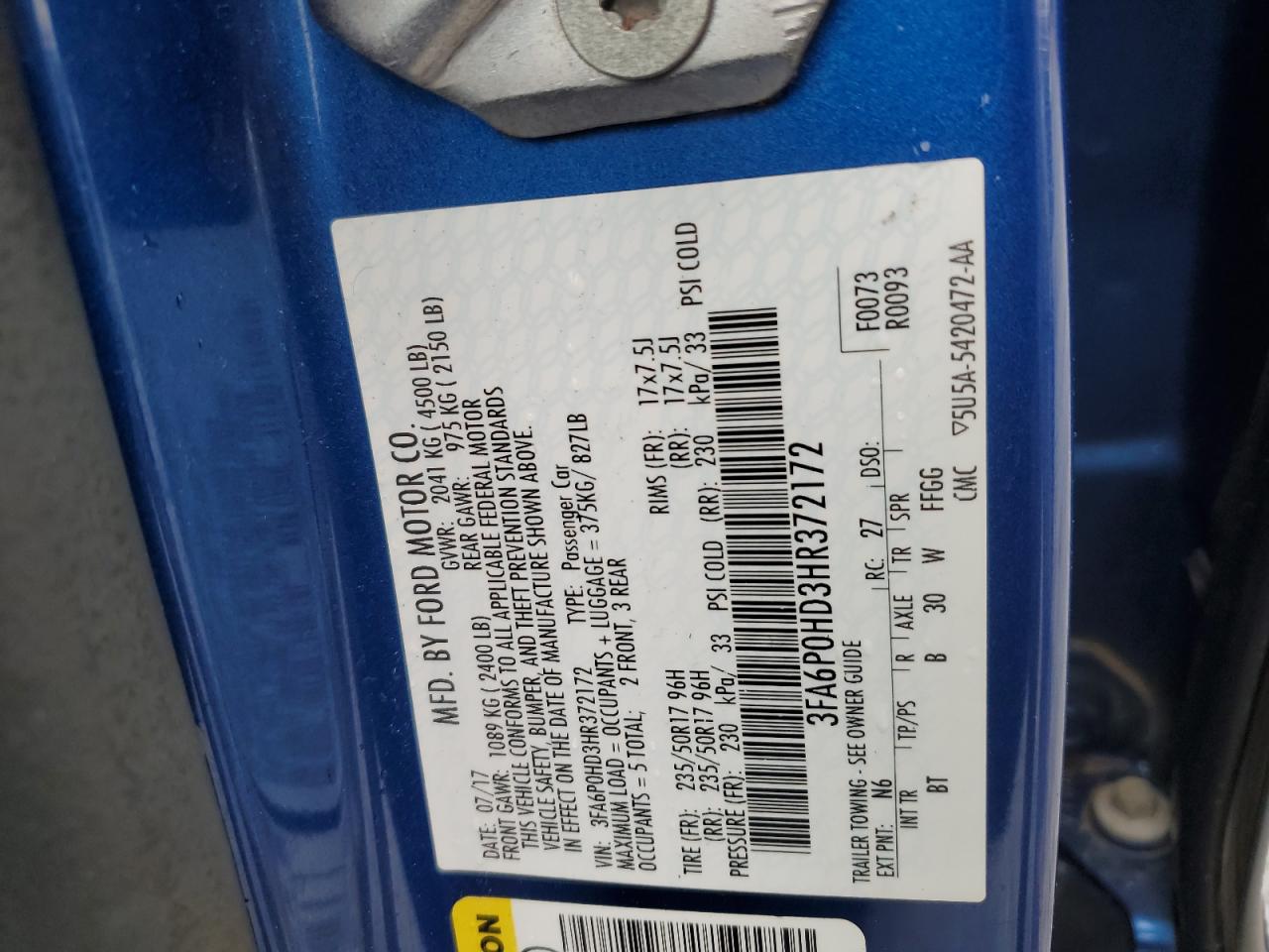 2017 Ford Fusion Se VIN: 3FA6P0HD3HR372172 Lot: 67308575