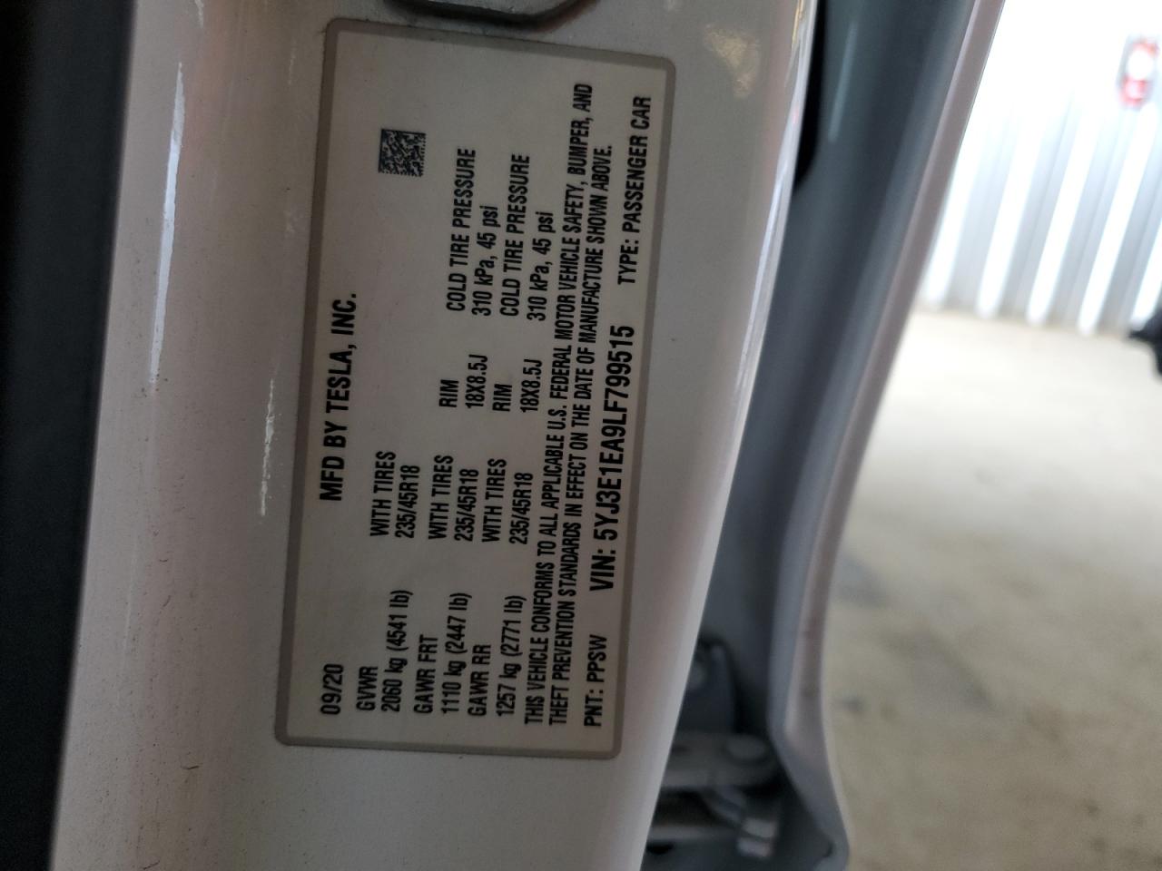 2020 Tesla Model 3 VIN: 5YJ3E1EA9LF799515 Lot: 67818015