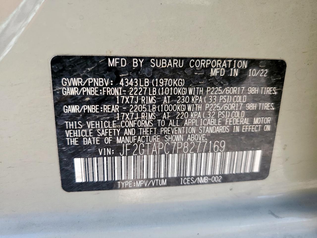 2023 Subaru Crosstrek Premium VIN: JF2GTAPC7P8277169 Lot: 68953745