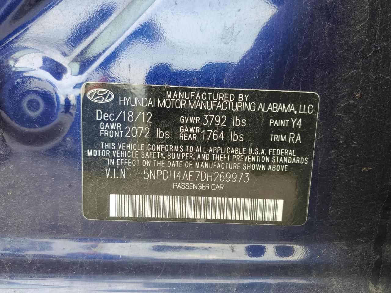 2013 Hyundai Elantra Gls VIN: 5NPDH4AE7DH269973 Lot: 69029985
