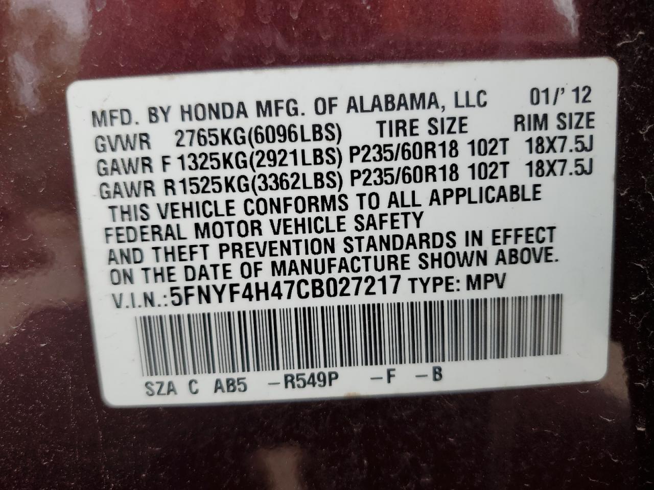 2012 Honda Pilot Ex VIN: 5FNYF4H47CB027217 Lot: 69612415