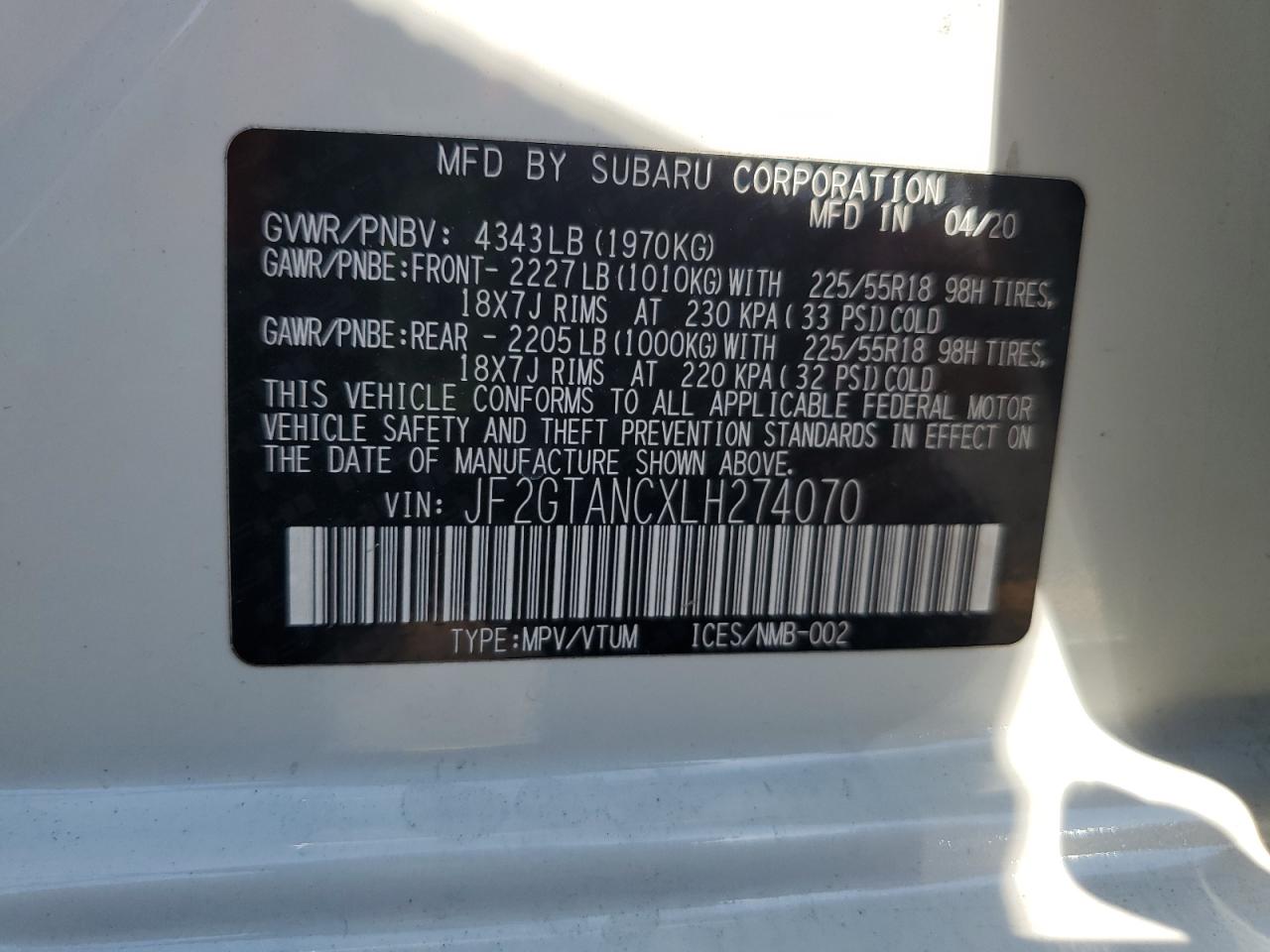 2020 Subaru Crosstrek Limited VIN: JF2GTANCXLH274070 Lot: 66933705