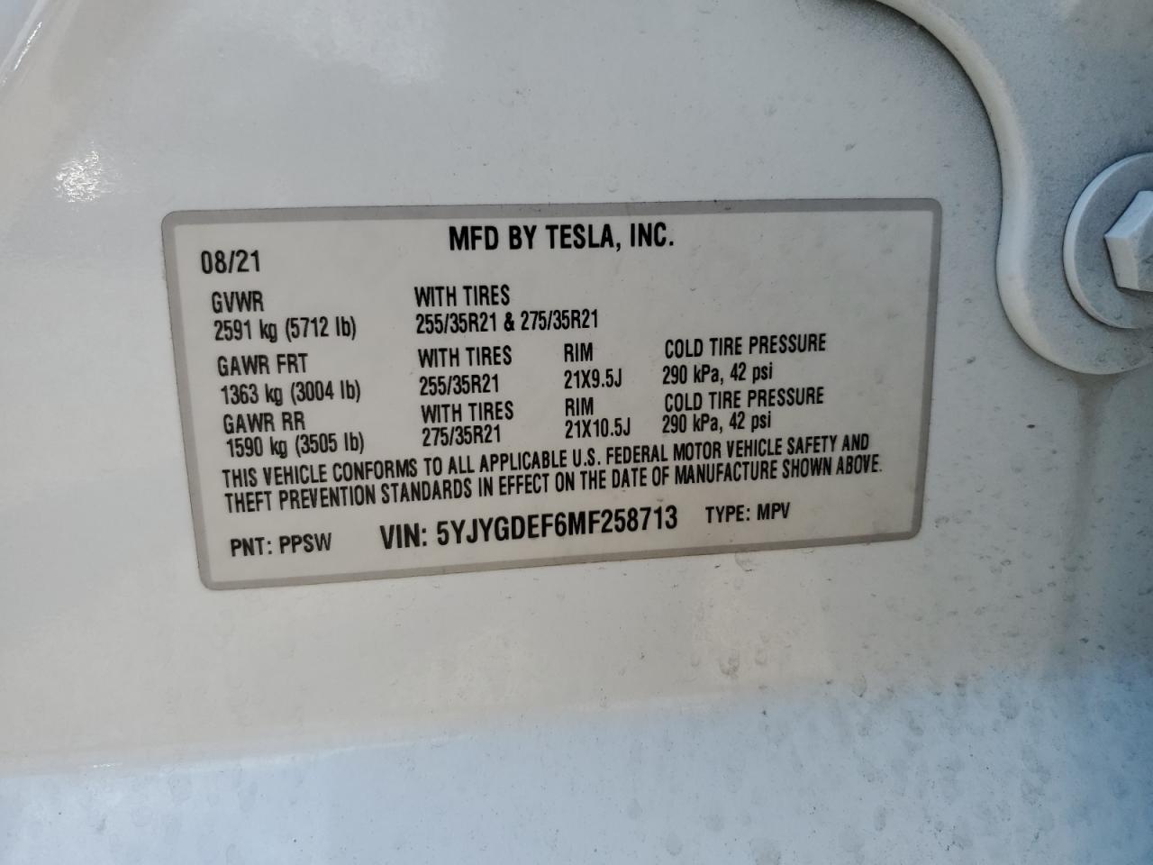 2021 Tesla Model Y VIN: 5YJYGDEF6MF258713 Lot: 69182055