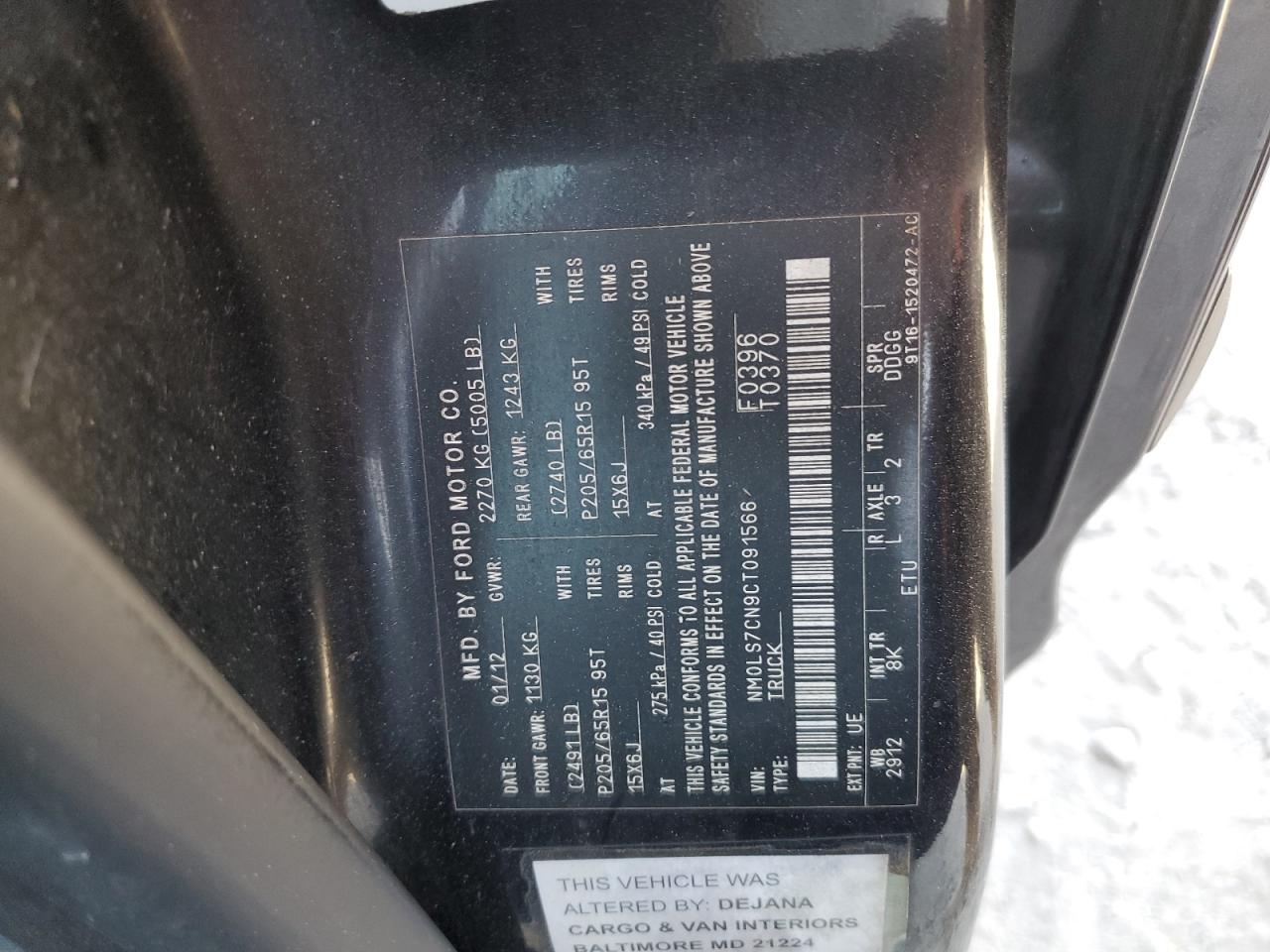 2012 Ford Transit Connect Xl VIN: NM0LS7CN9CT091566 Lot: 70352815