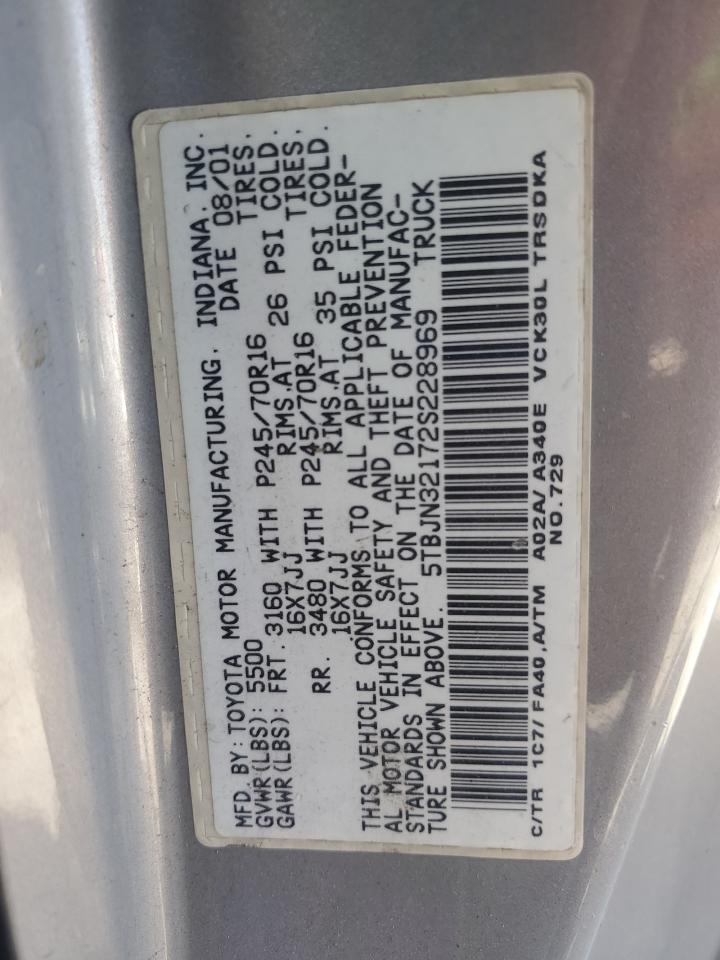 2002 Toyota Tundra VIN: 5TBJN32172S228969 Lot: 68913015