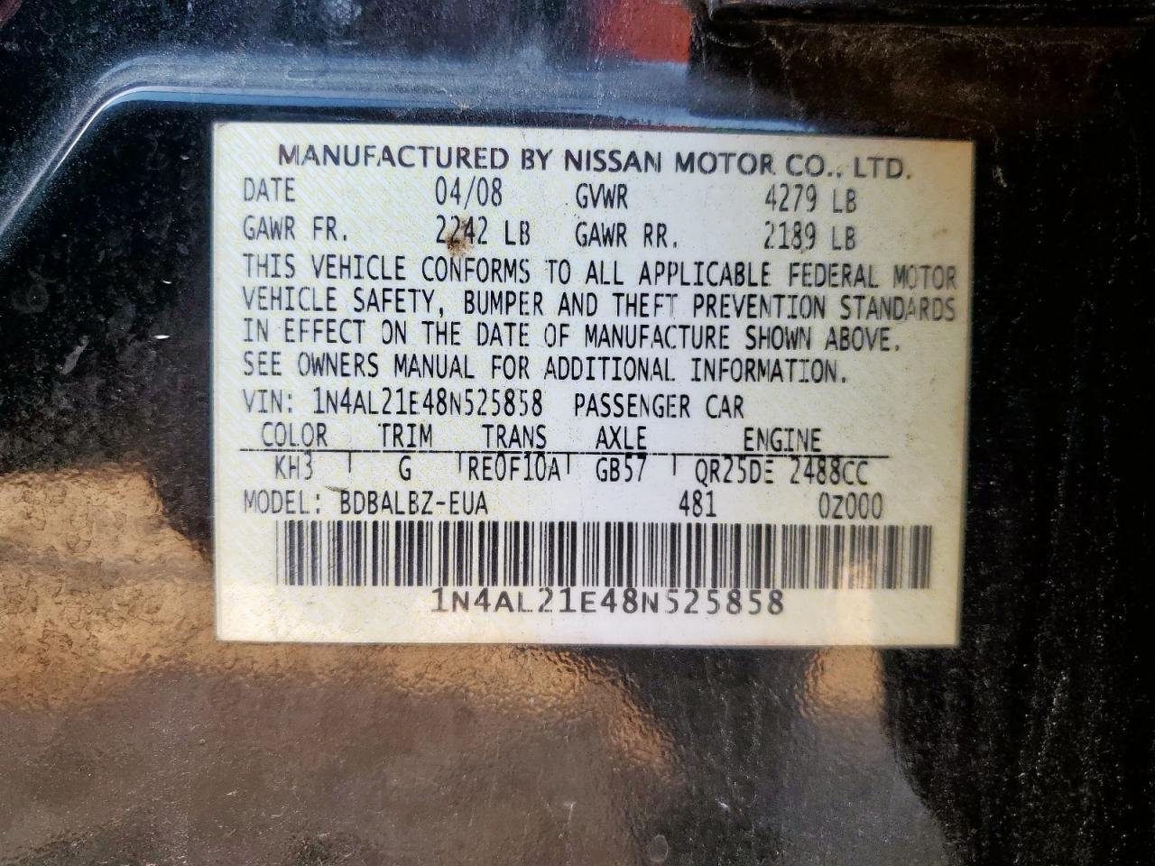 2008 Nissan Altima 2.5 VIN: 1N4AL21E48N525858 Lot: 70280955