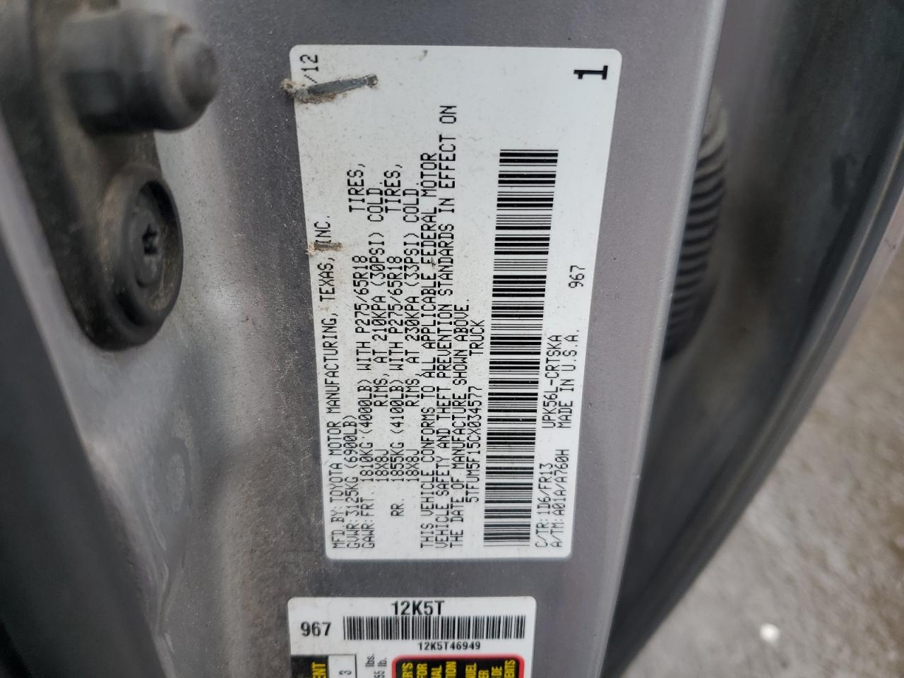 2012 Toyota Tundra Double Cab Sr5 VIN: 5TFUM5F15CX034577 Lot: 69027585