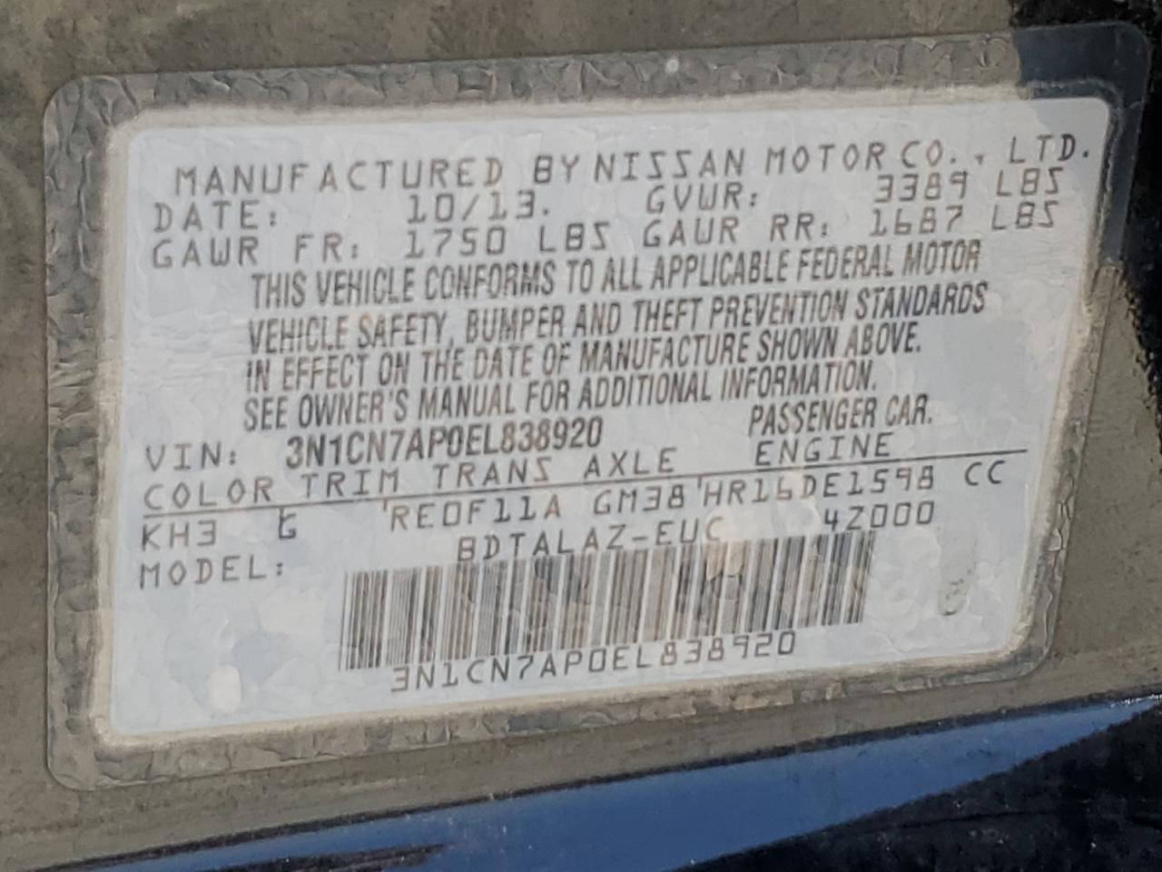 2014 Nissan Versa S VIN: 3N1CN7AP0EL838920 Lot: 69349985