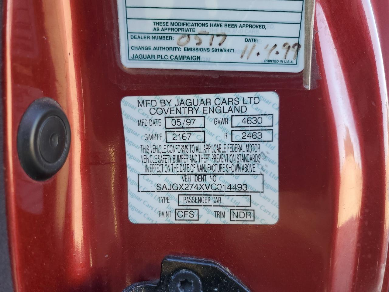 1997 Jaguar Xk8 VIN: SAJGX274XVC014493 Lot: 67389555
