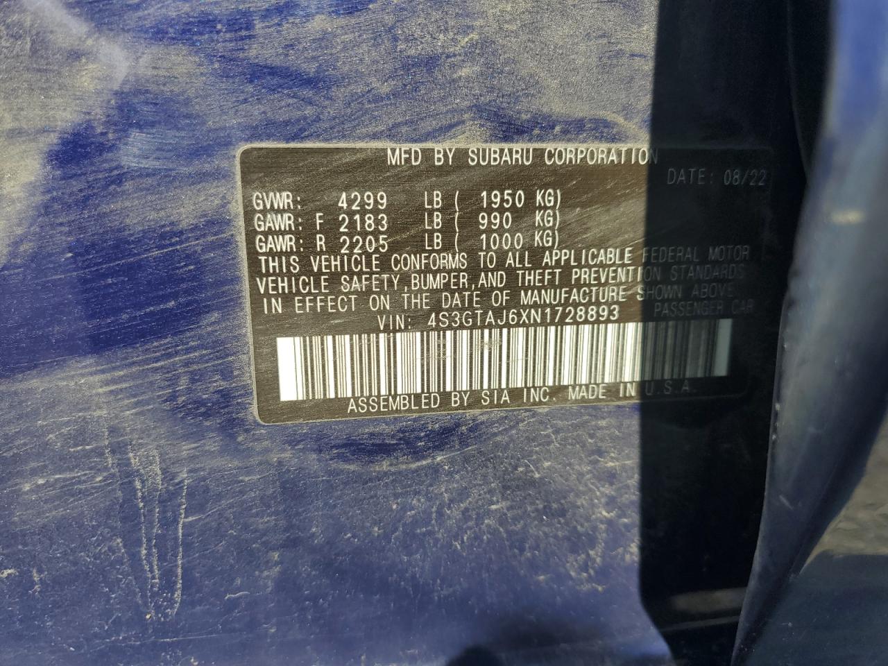 2022 Subaru Impreza Sport VIN: 4S3GTAJ6XN1728893 Lot: 69887005