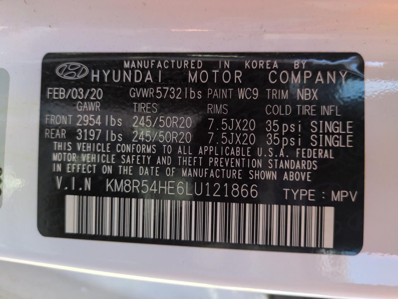 2020 Hyundai Palisade Limited VIN: KM8R54HE6LU121866 Lot: 66465015