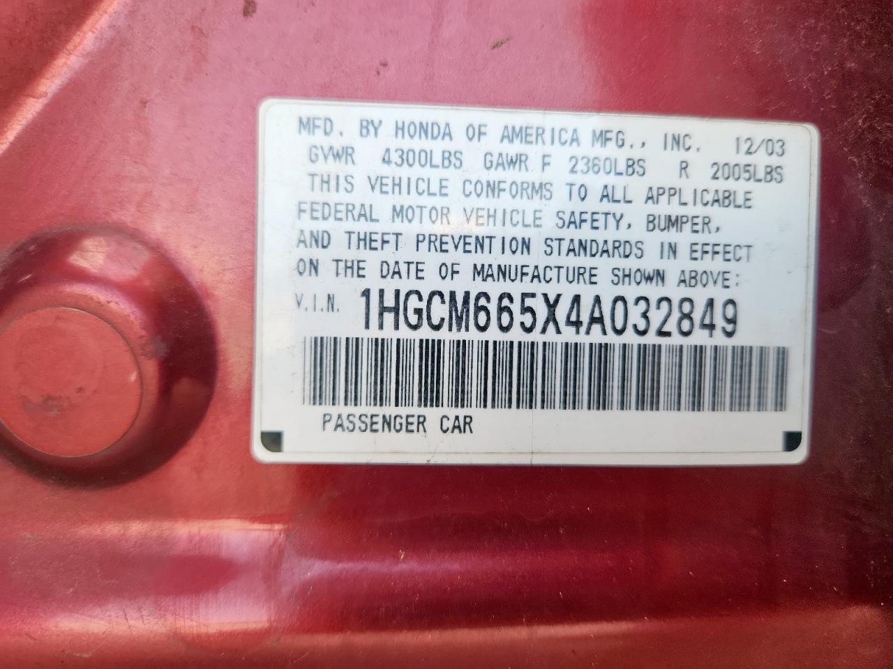 2004 Honda Accord Ex VIN: 1HGCM665X4A032849 Lot: 70009135