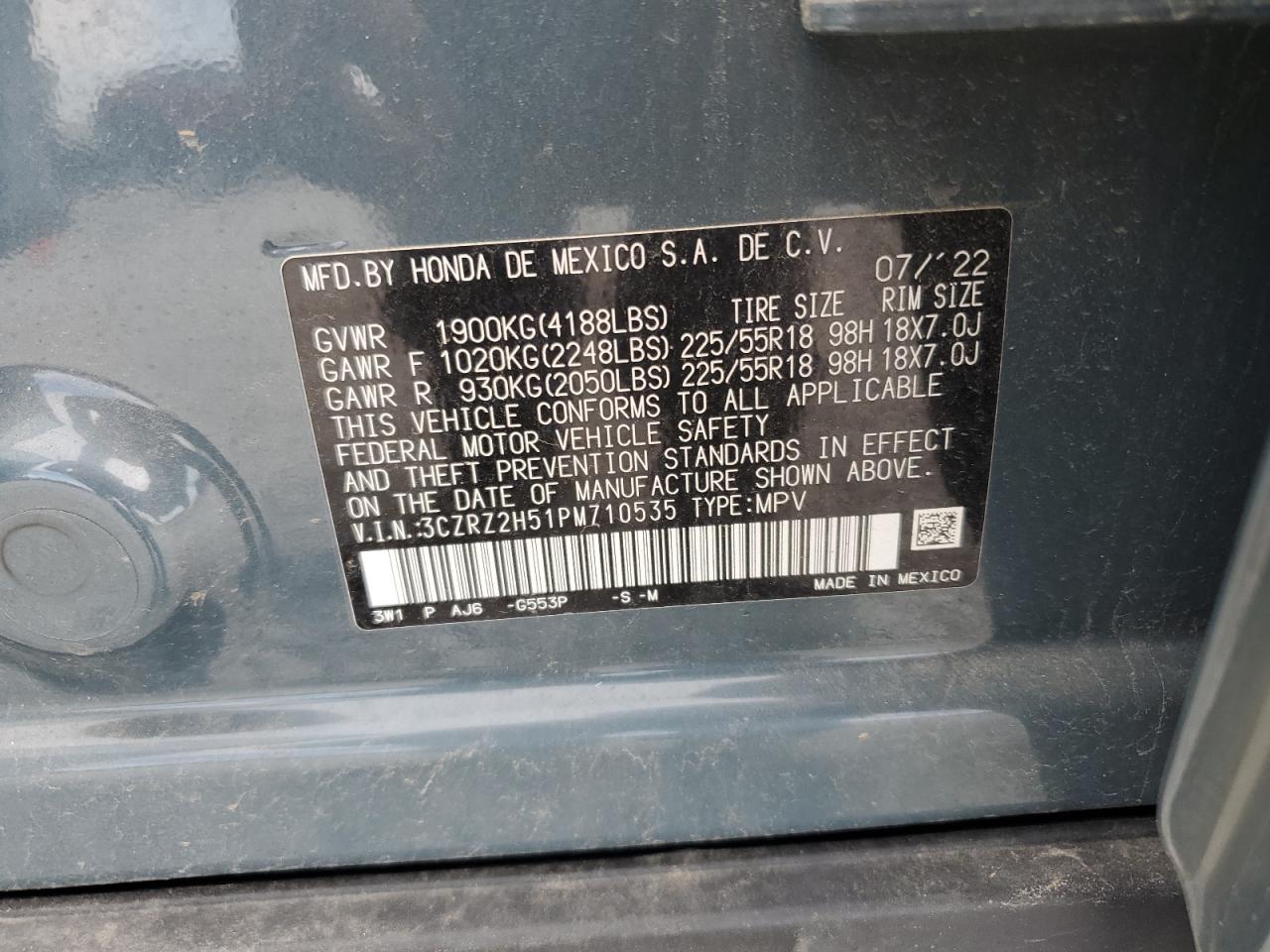 2023 Honda Hr-V Sport VIN: 3CZRZ2H51PM710535 Lot: 68324405