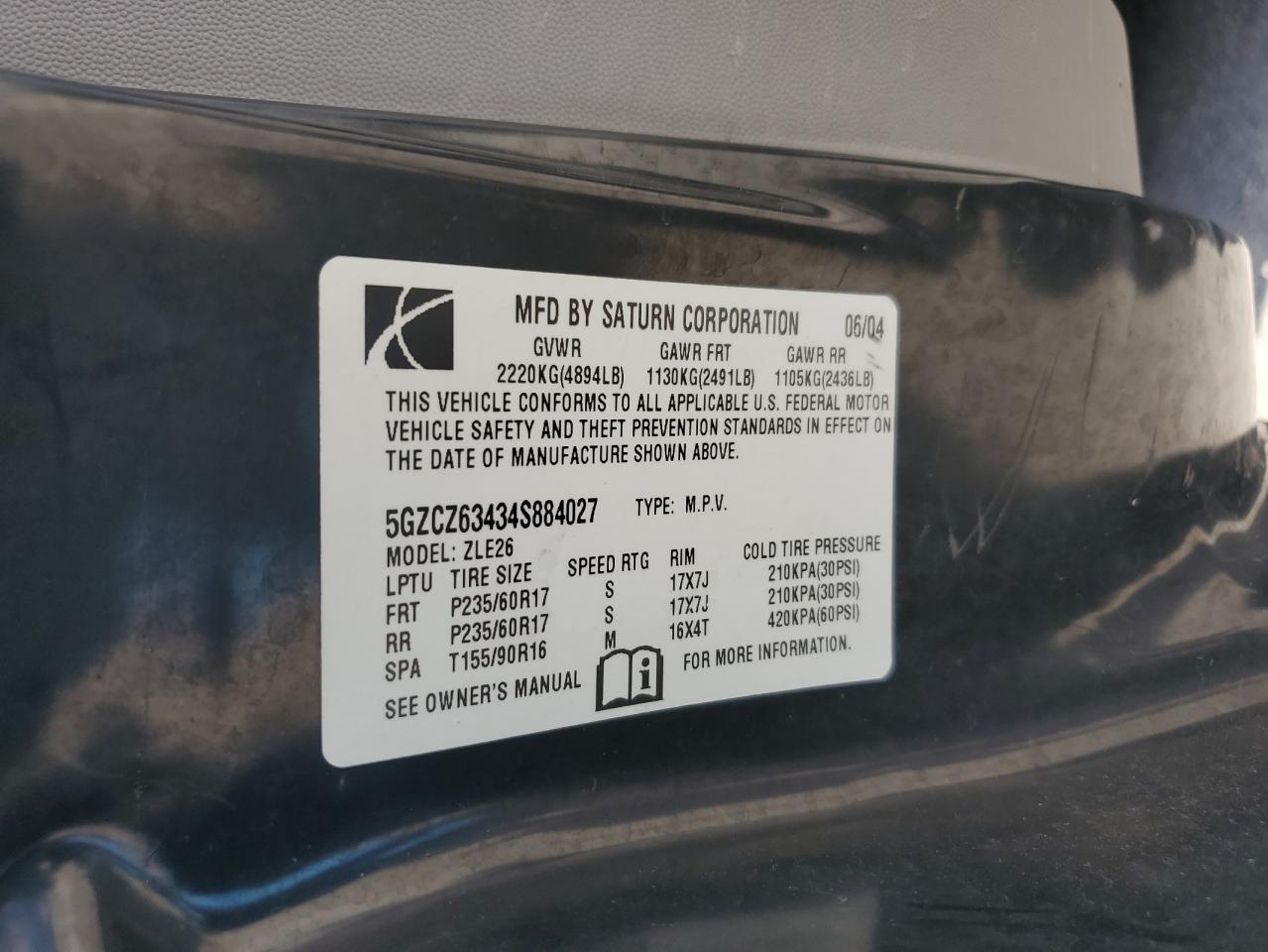 2004 Saturn Vue VIN: 5GZCZ63434S884027 Lot: 70981055