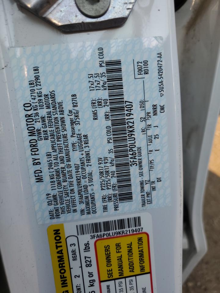 2019 Ford Fusion Se VIN: 3FA6P0LU9KR219407 Lot: 54028575