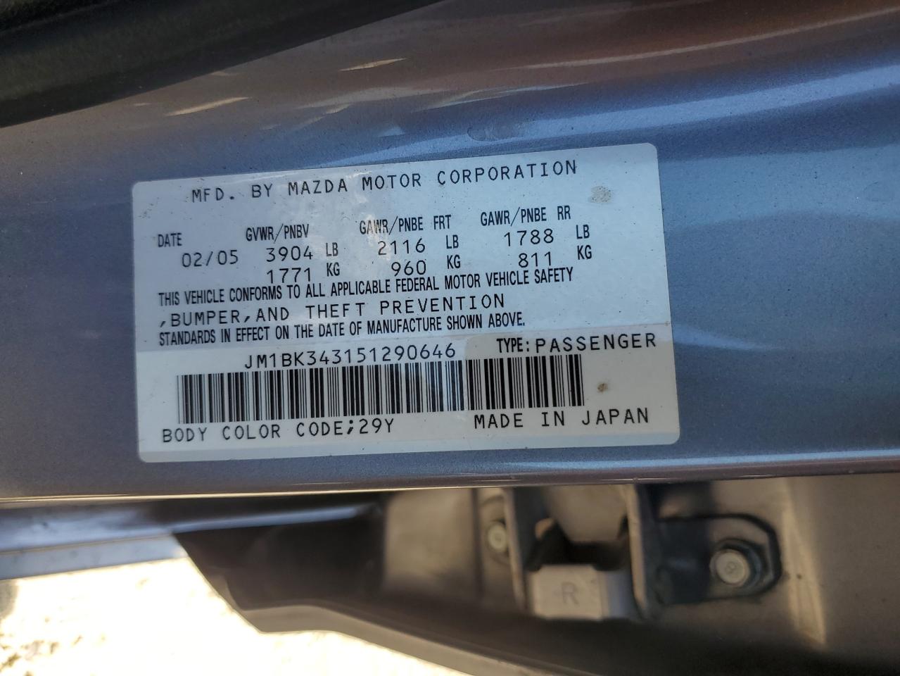 2005 Mazda 3 Hatchback VIN: JM1BK343151290646 Lot: 68220605