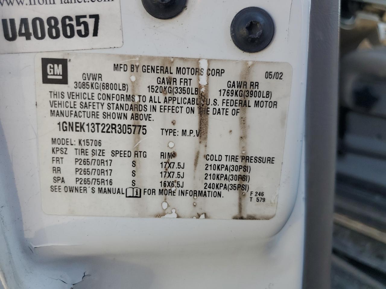 2002 Chevrolet Tahoe K1500 VIN: 1GNEK13T22R305775 Lot: 81080985