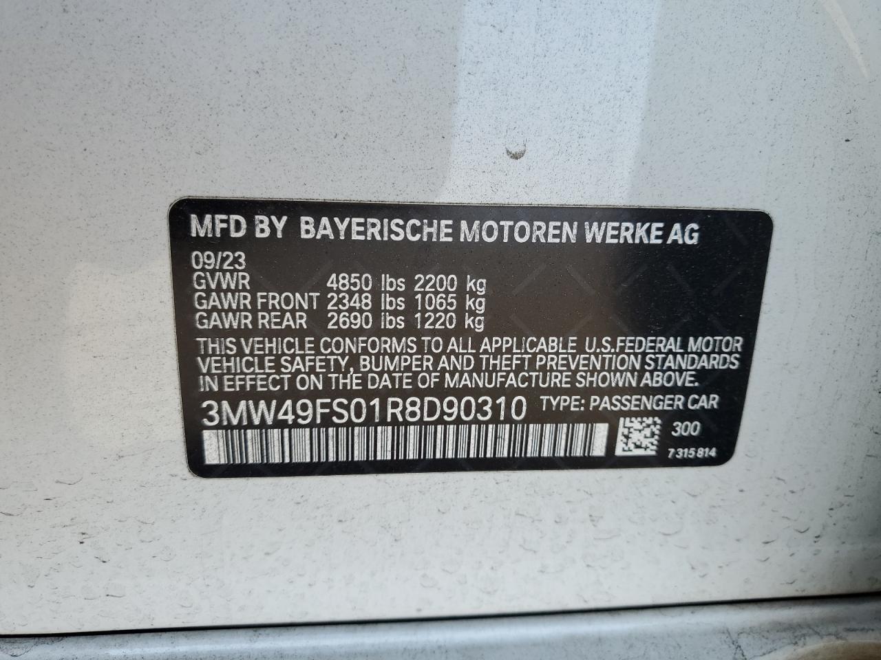 2024 BMW M340I VIN: 3MW49FS01R8D90310 Lot: 67259085