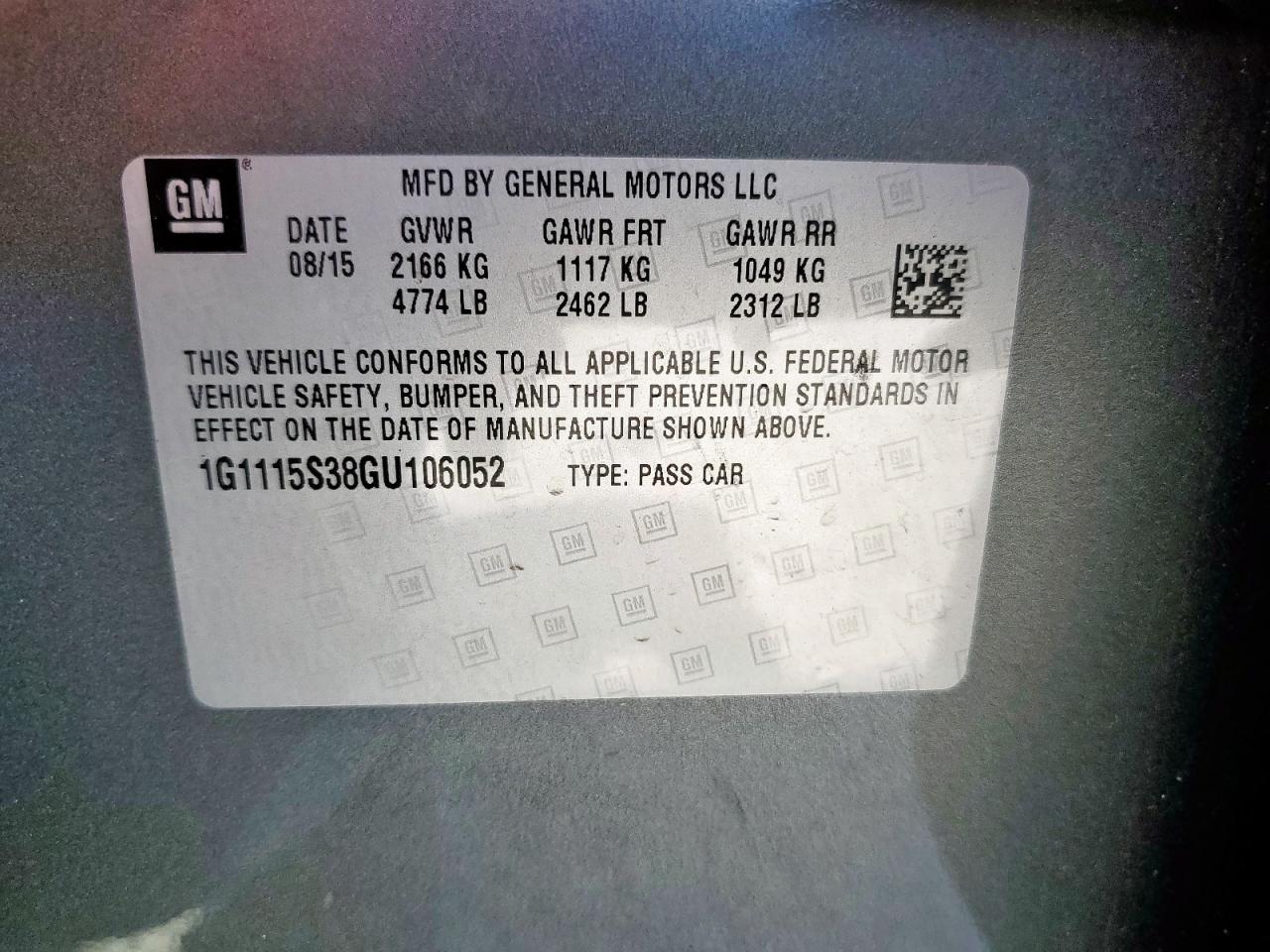 2016 Chevrolet Impala Lt VIN: 1G1115S38GU106052 Lot: 68191865