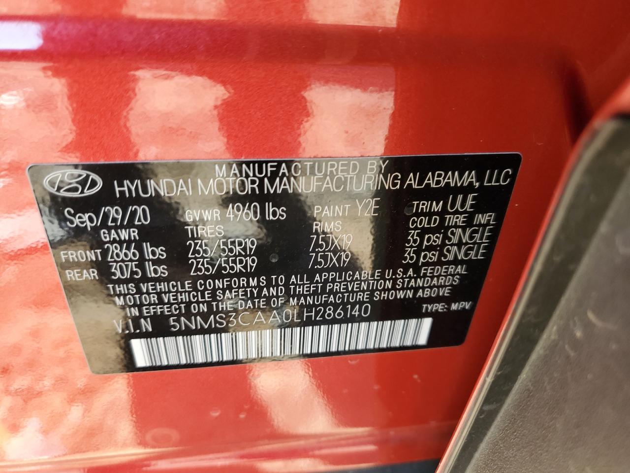 2020 Hyundai Santa Fe Sel VIN: 5NMS3CAA0LH286140 Lot: 70093935