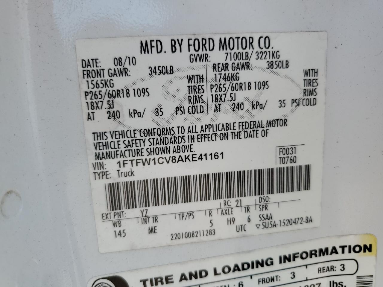 2010 Ford F150 Supercrew VIN: 1FTFW1CV8AKE41161 Lot: 70622775