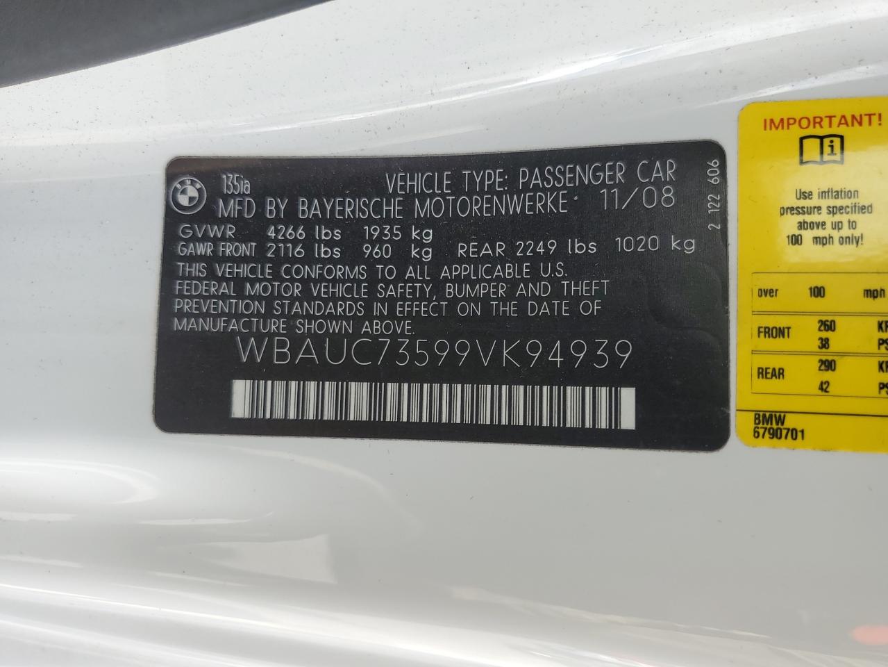 2009 BMW 135 I VIN: WBAUC73599VK94939 Lot: 70088065