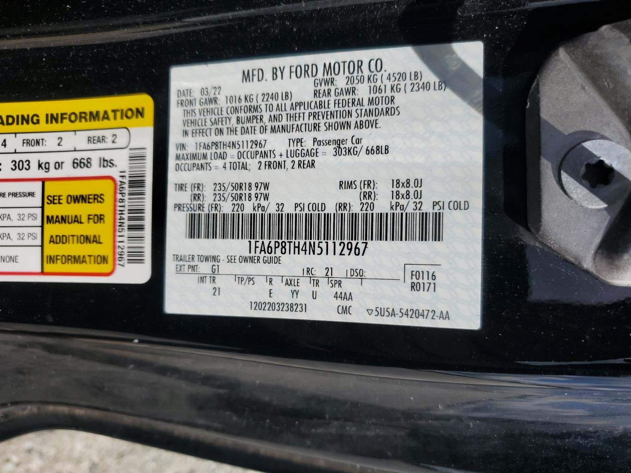 2022 Ford Mustang VIN: 1FA6P8TH4N5112967 Lot: 68482265