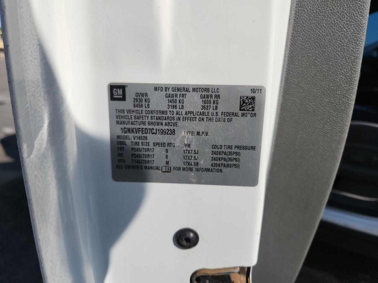 2012 Chevrolet Traverse Ls VIN: 1GNKVFED7CJ199238 Lot: 69878855