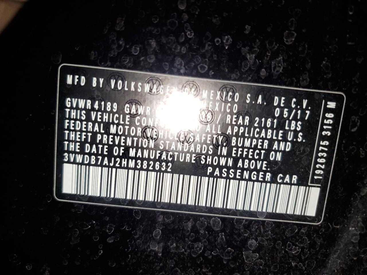 2017 Volkswagen Jetta Se VIN: 3VWDB7AJ2HM382632 Lot: 70603565