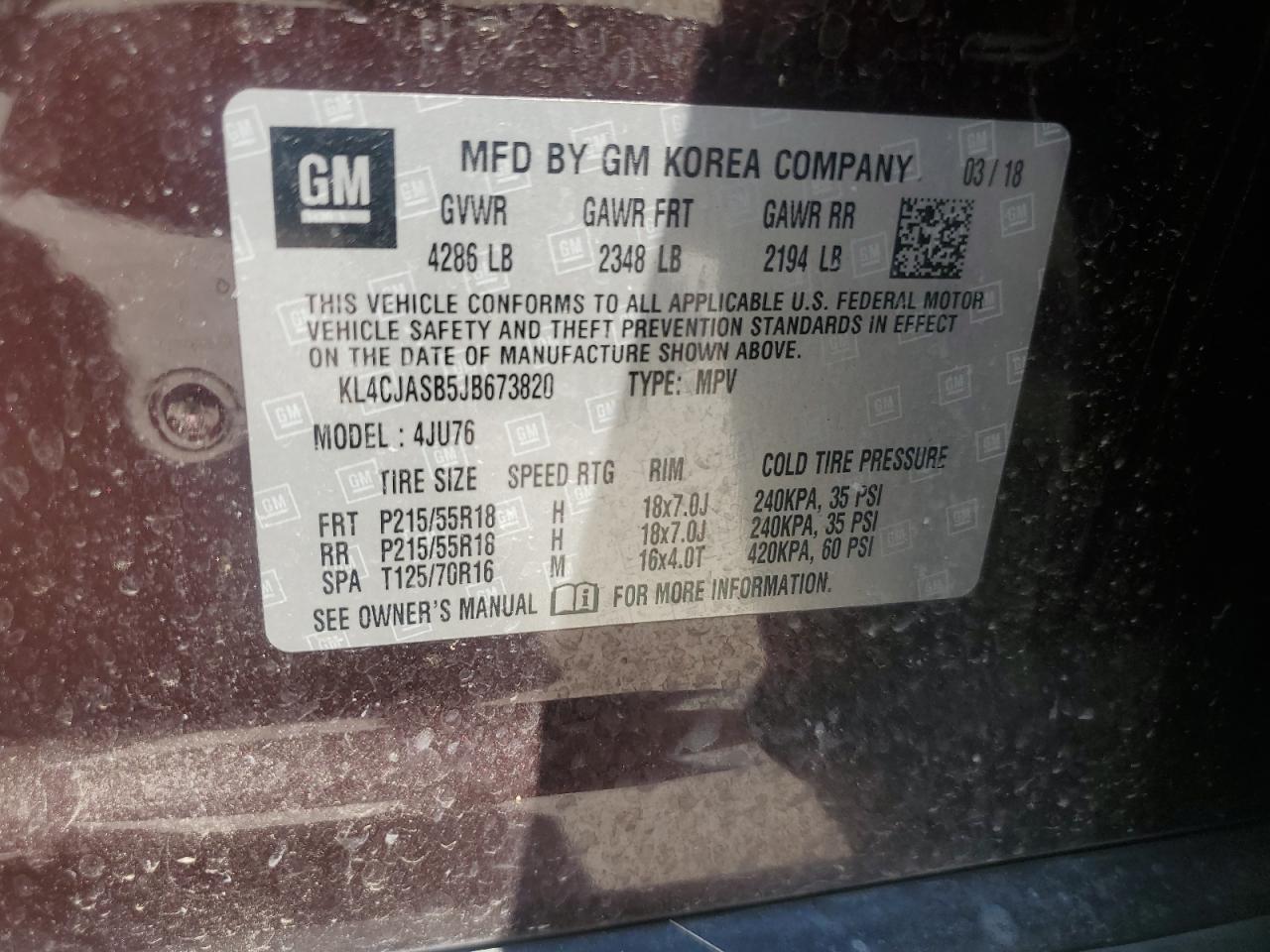 2018 Buick Encore Preferred VIN: KL4CJASB5JB673820 Lot: 91036845