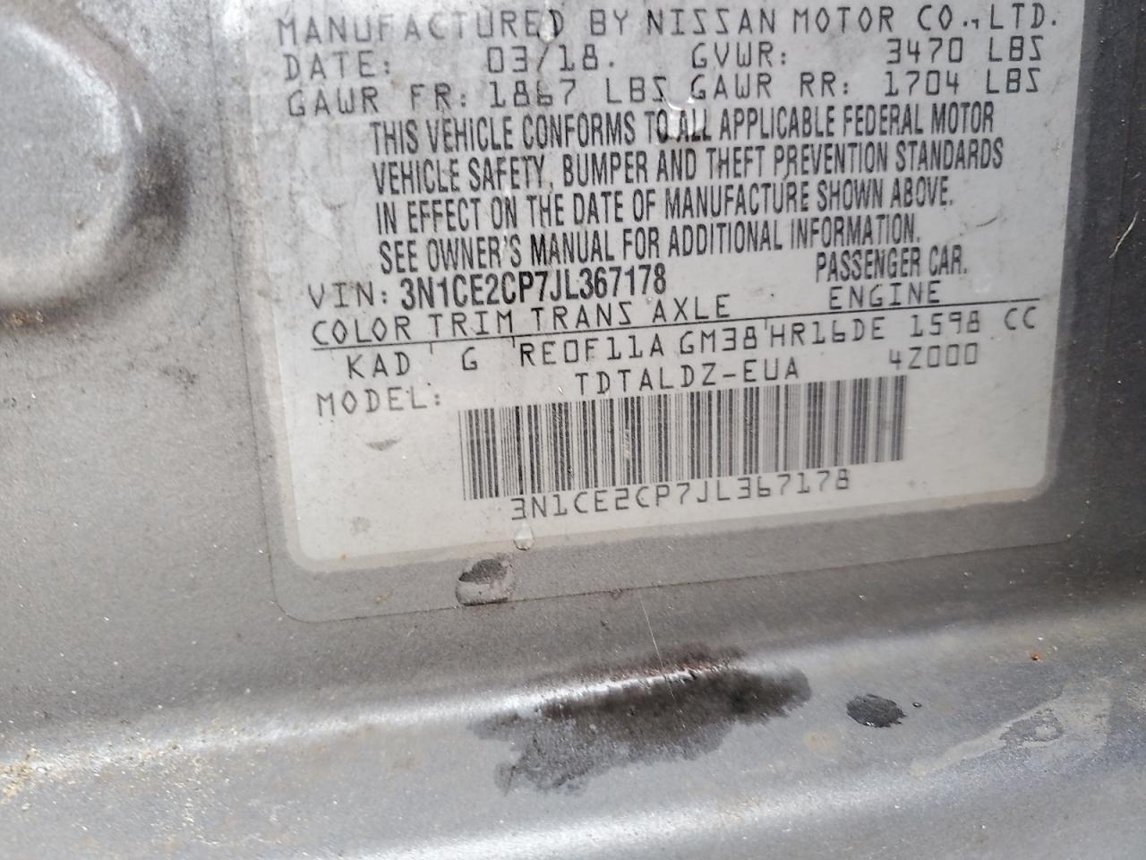 2018 Nissan Versa Note S VIN: 3N1CE2CP7JL367178 Lot: 68040175
