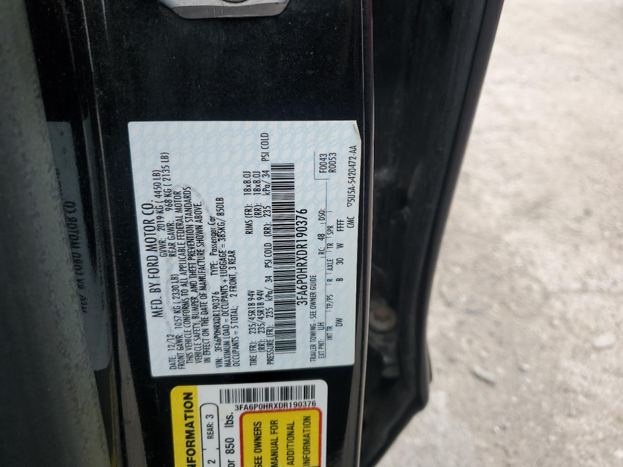 2013 Ford Fusion Se VIN: 3FA6P0HRXDR190376 Lot: 69267595