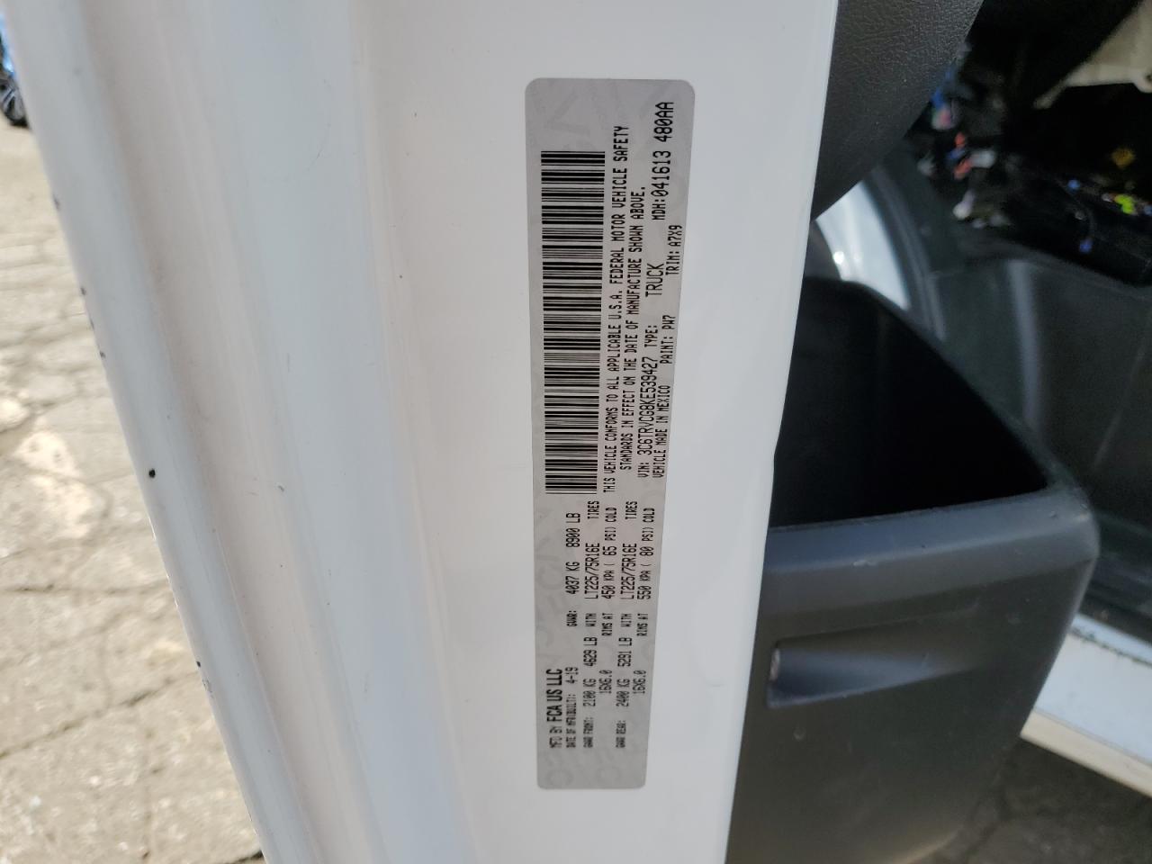 2019 Ram Promaster 2500 2500 High VIN: 3C6TRVCG8KE539427 Lot: 95297125