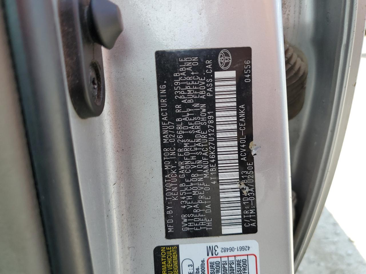 2007 Toyota Camry Ce VIN: 4T1BE46K27U127891 Lot: 68090595