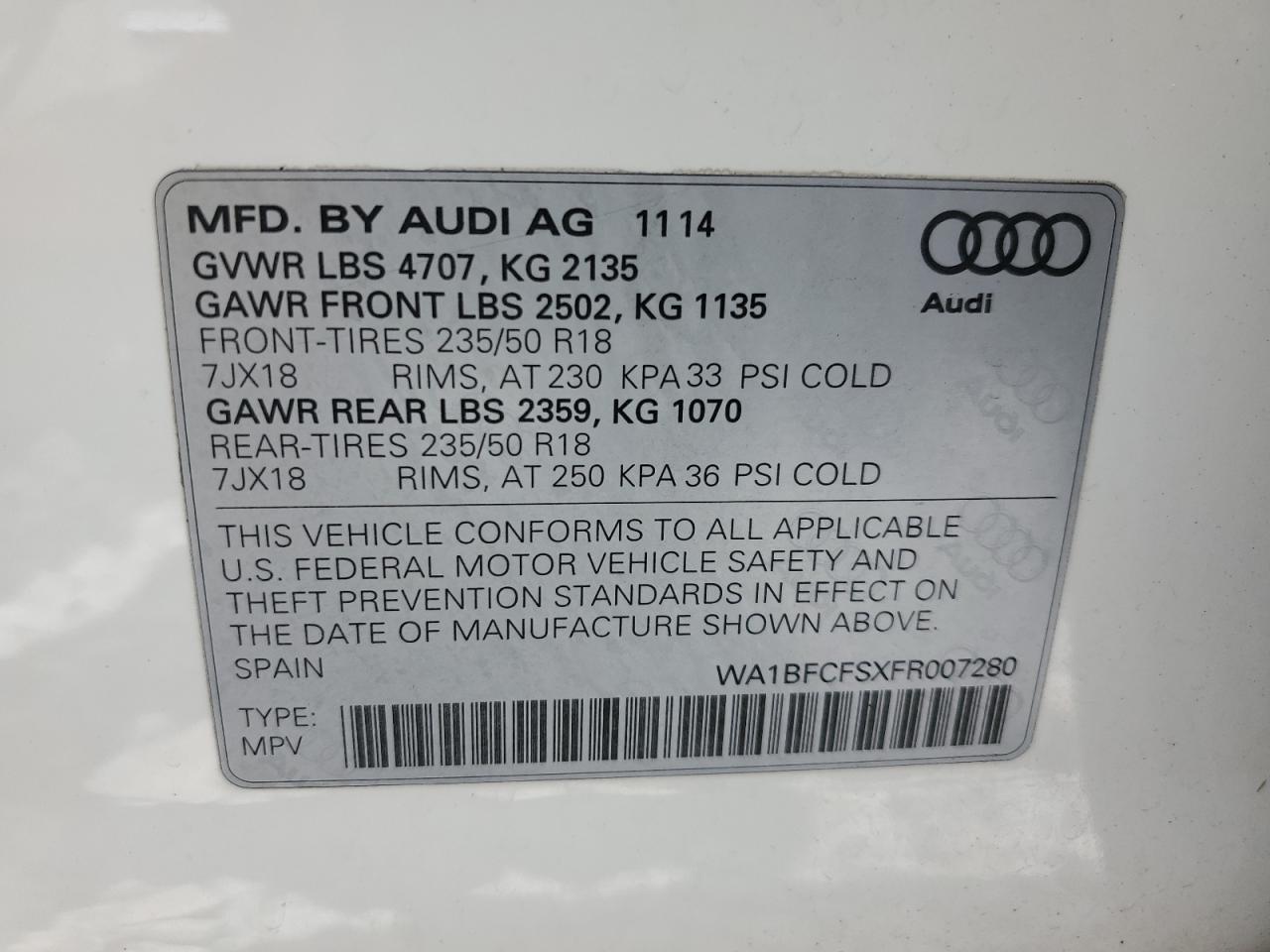 2015 Audi Q3 Premium Plus VIN: WA1BFCFSXFR007280 Lot: 69466765