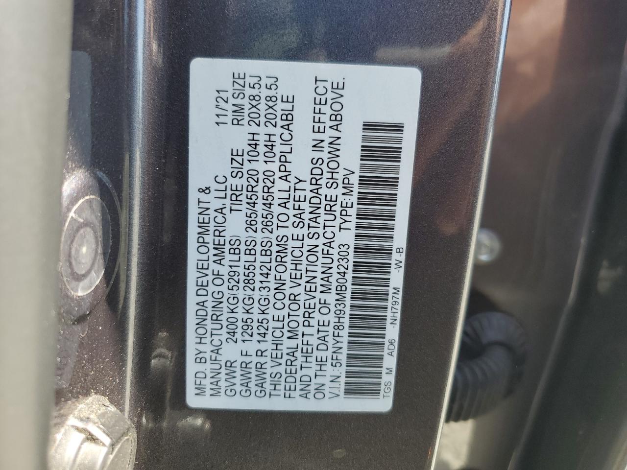 2021 Honda Passport Touring VIN: 5FNYF8H93MB042303 Lot: 71158075