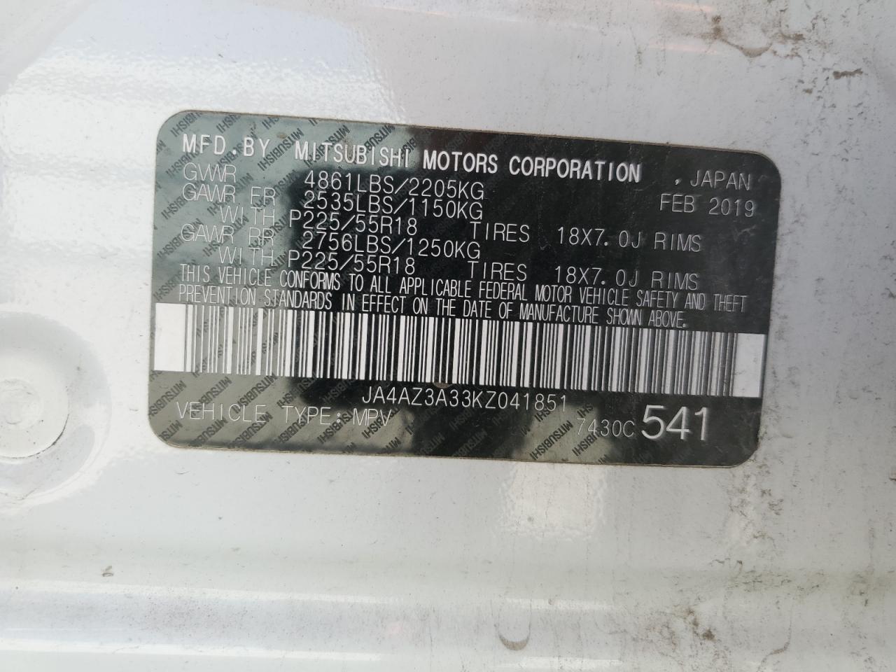 2019 Mitsubishi Outlander Se VIN: JA4AZ3A33KZ041851 Lot: 67610635