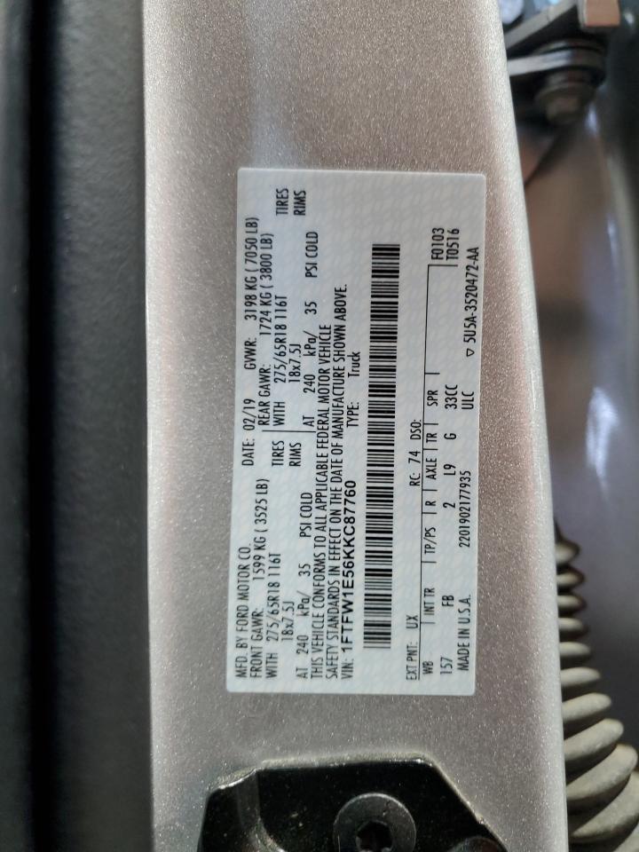 2019 Ford F150 Supercrew VIN: 1FTFW1E56KKC87760 Lot: 68010485