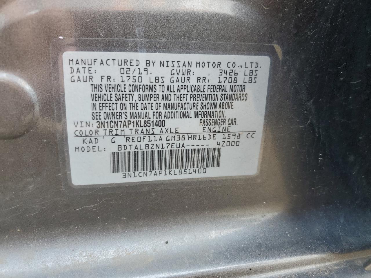 2019 Nissan Versa S VIN: 3N1CN7AP1KL851400 Lot: 85264685