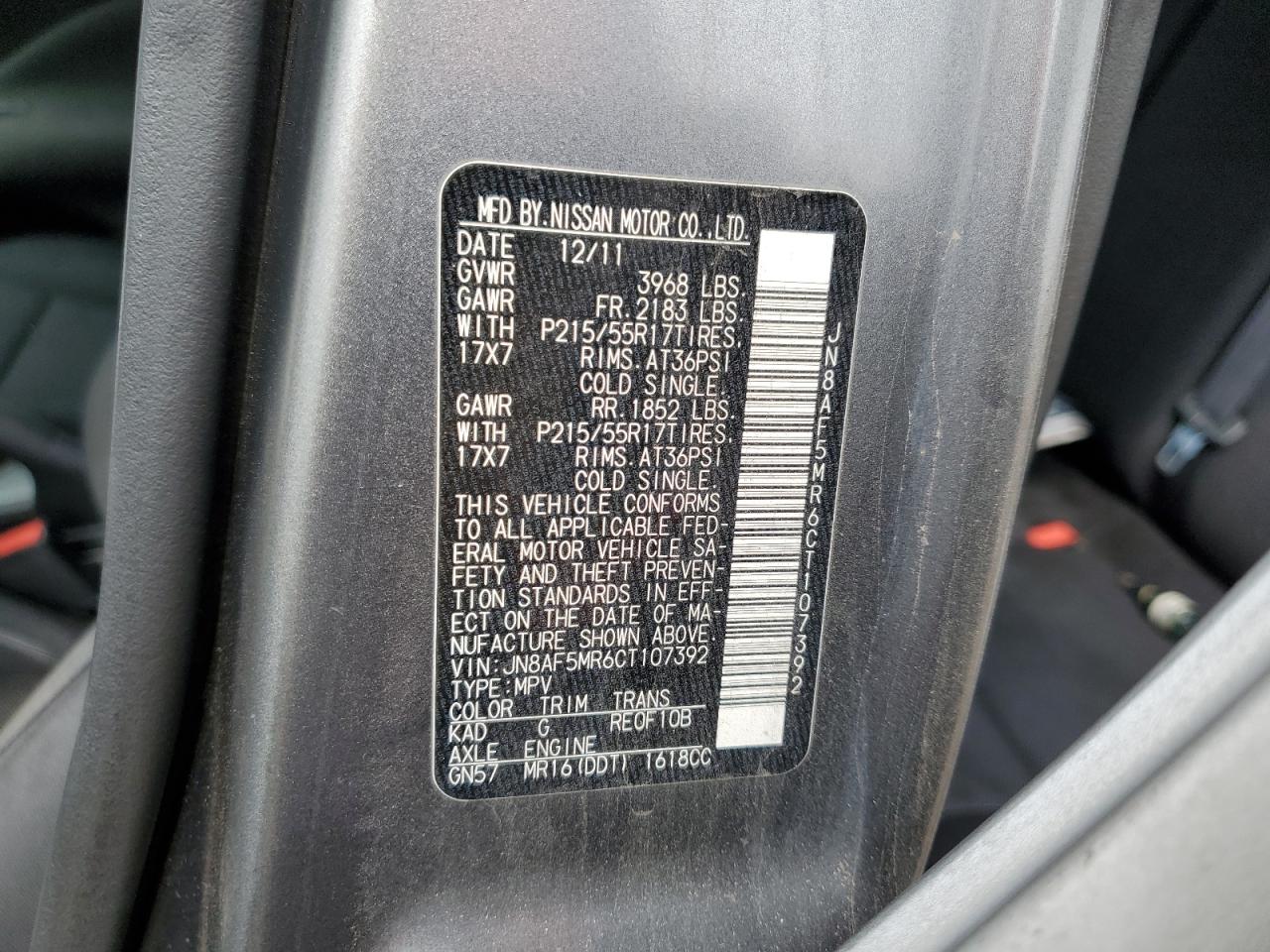 2012 Nissan Juke S VIN: JN8AF5MR6CT107392 Lot: 70596055